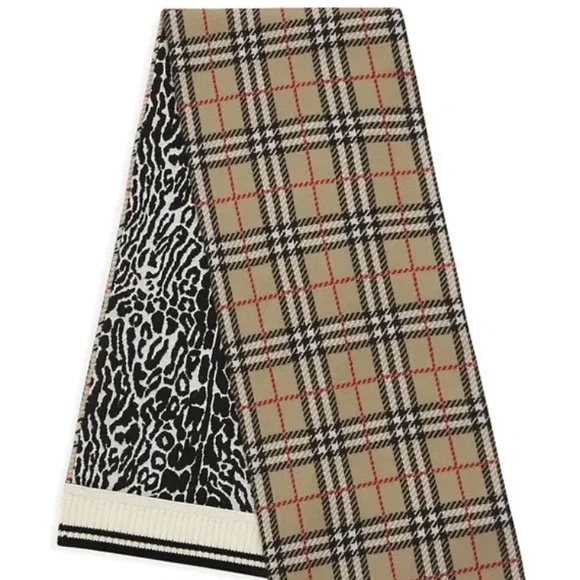 Burberry Kids Plaid Check Leopard Scarf 50"L x 10”W Camel NWT Authentic Adult S - Picture 3 of 3